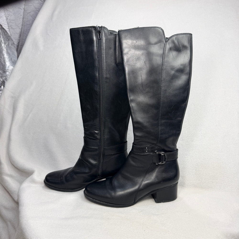 Naturalizer Koka Black Leather Tall Riding Boots Block Heel Buckle Womens 8M
